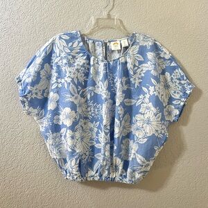 C&C California Linen Blue White Floral Casual Tropical beachwear Blouse Tops L